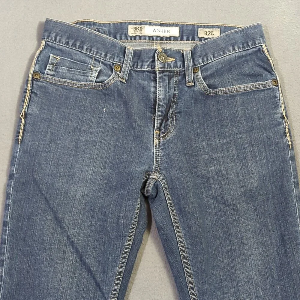 BKE Jeans Men's 32L Fits 32x29 Blue Asher Straight Stretch Denim Hemmed